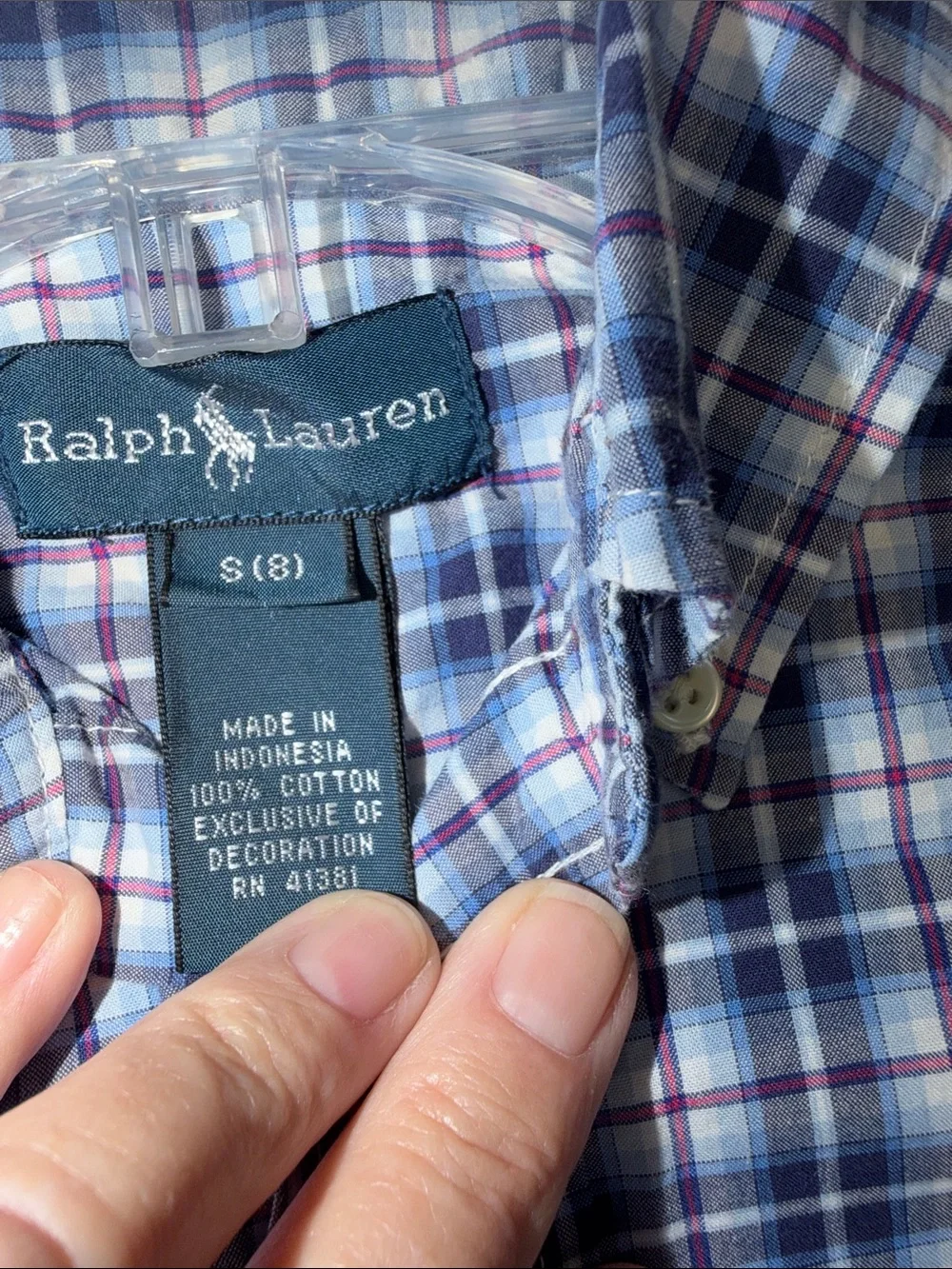 Ralph Lauren Blue and White Plaid Button-Down Shirt with Red Pony